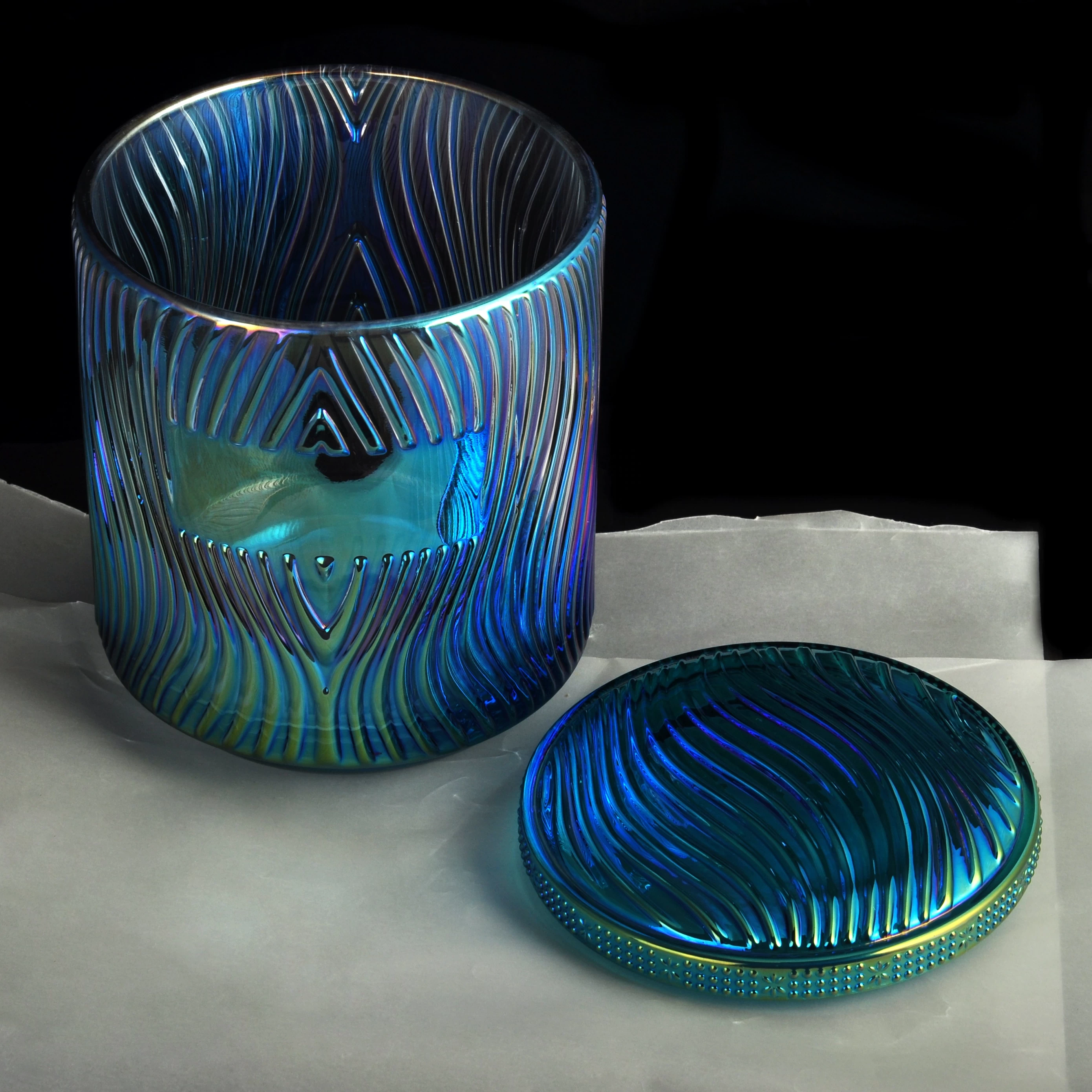iridescent glass candle jar with glass lid, unique colorful glass candle vessel