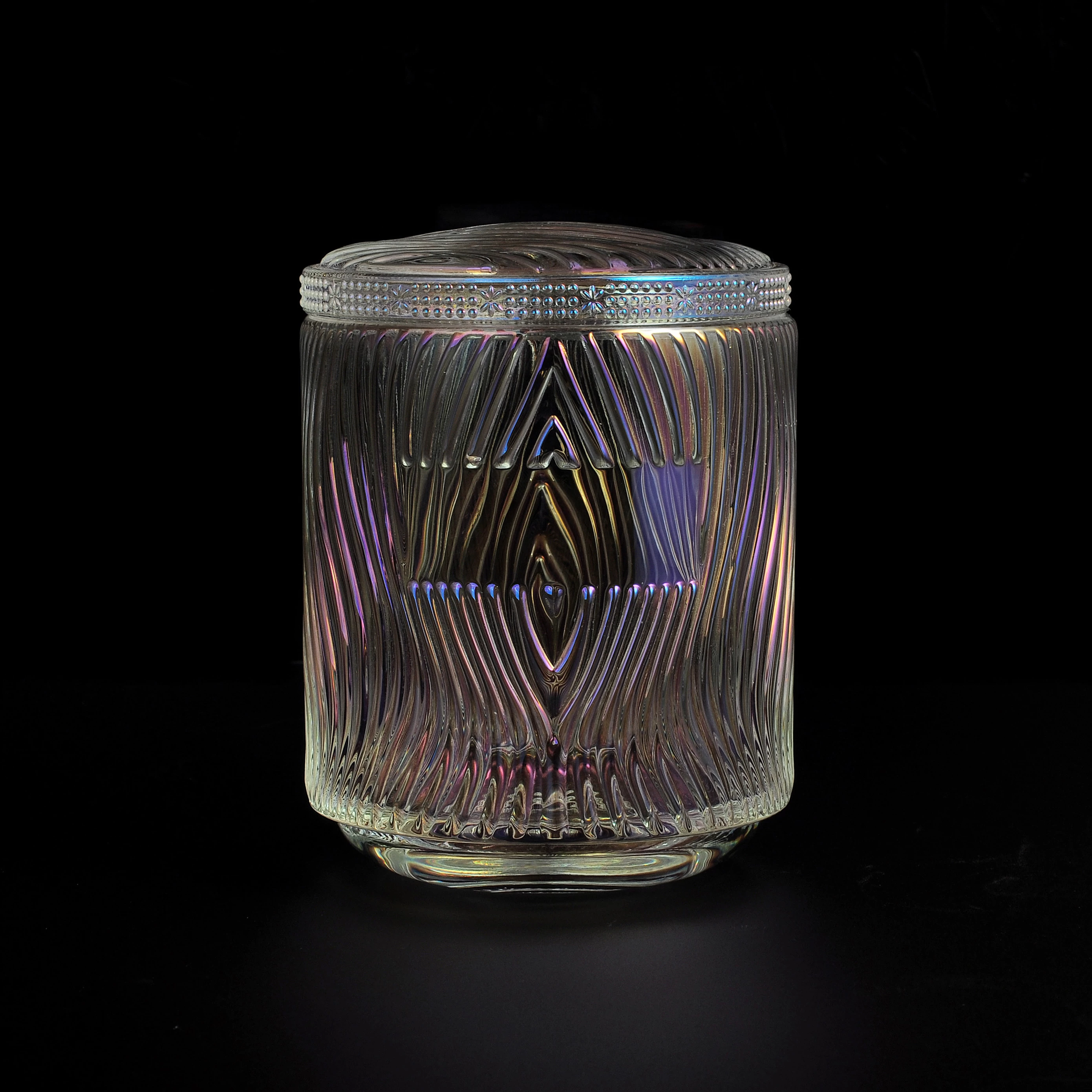 Iridescent glass candle jar with lid, luxury glass candle holder