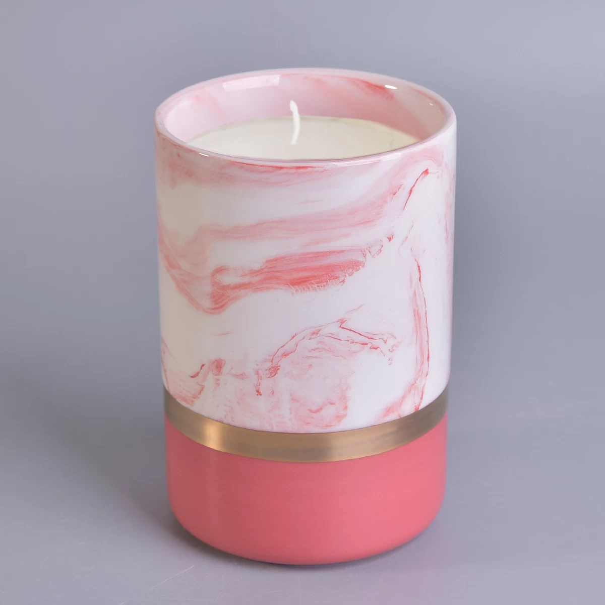 marbling cylinder ceramic candle holder, ceramic candle container with gold decal