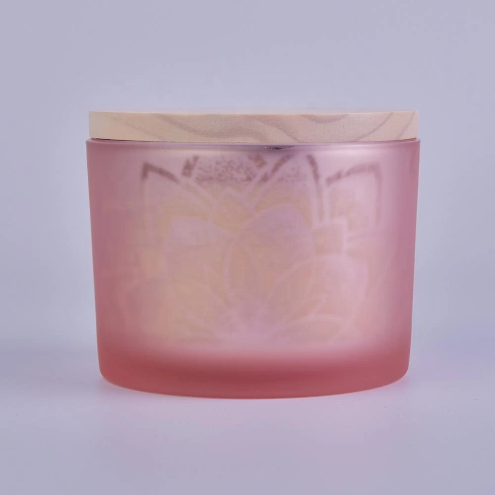 Sunny glassware luxury empty tealight frosted pink Glass candle holder jar with wood lid