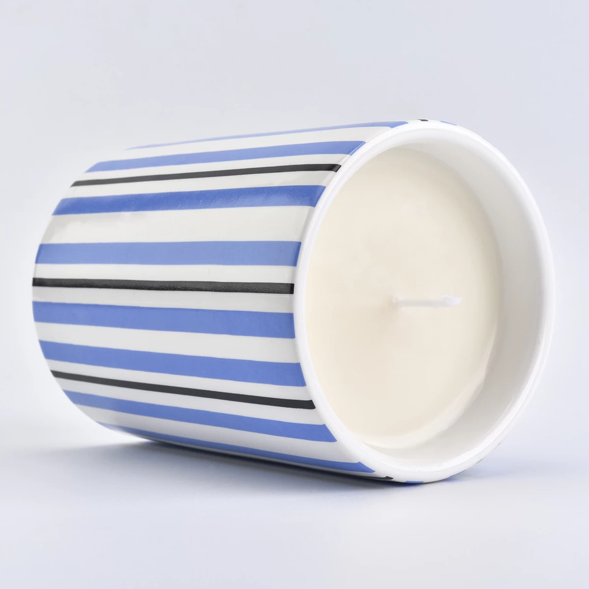 blue ceramic candle jar with stripes, candle holder with custom logo