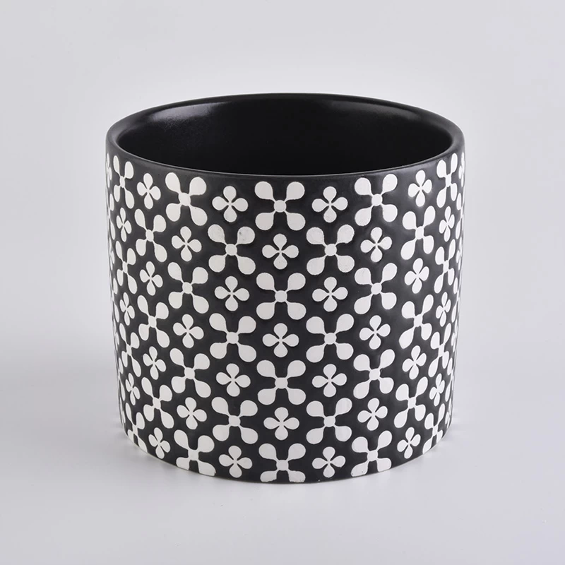 matte black ceramic jars with debossed designs for candle