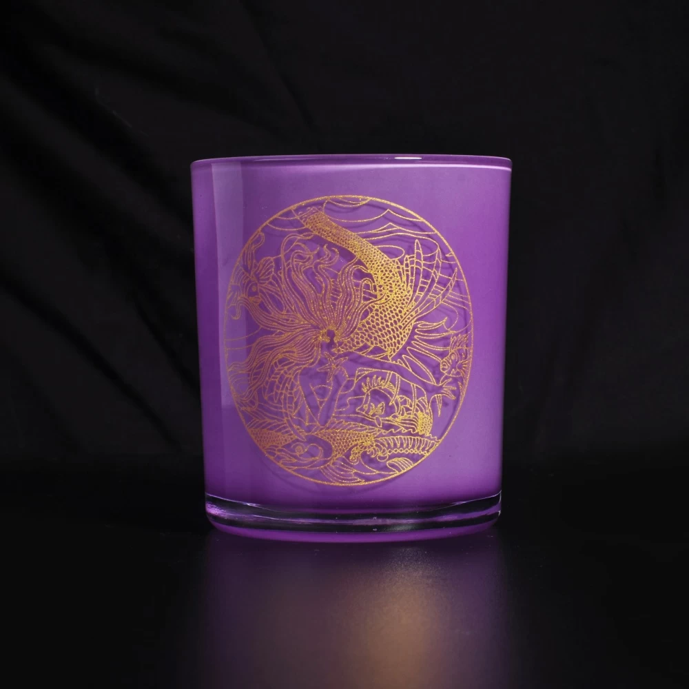 purple glass vessel with gold decal, candle container glass