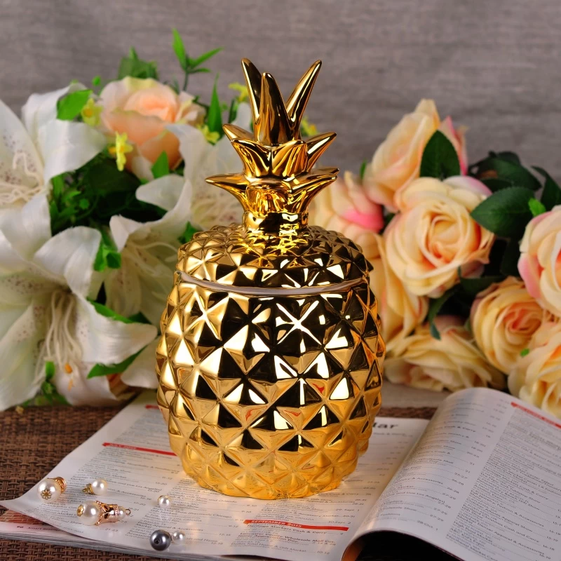 Custom luxury decorative gold white pineapple ceramic candle jars with lid