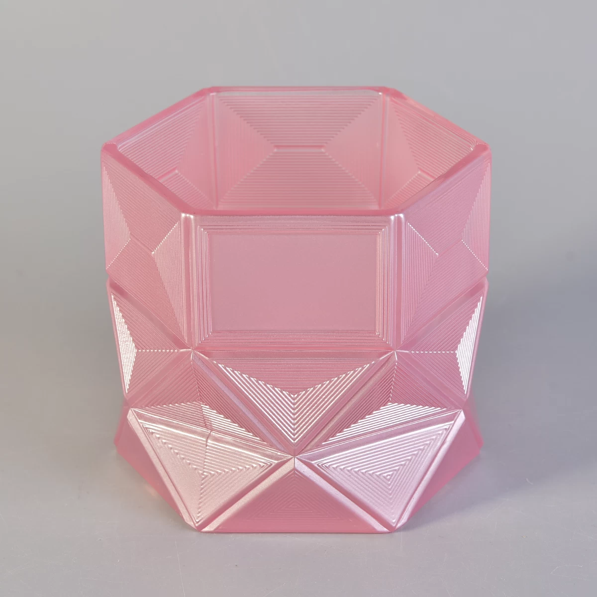 hexagon shaped glass candle holder, pink glass vessel for candle making
