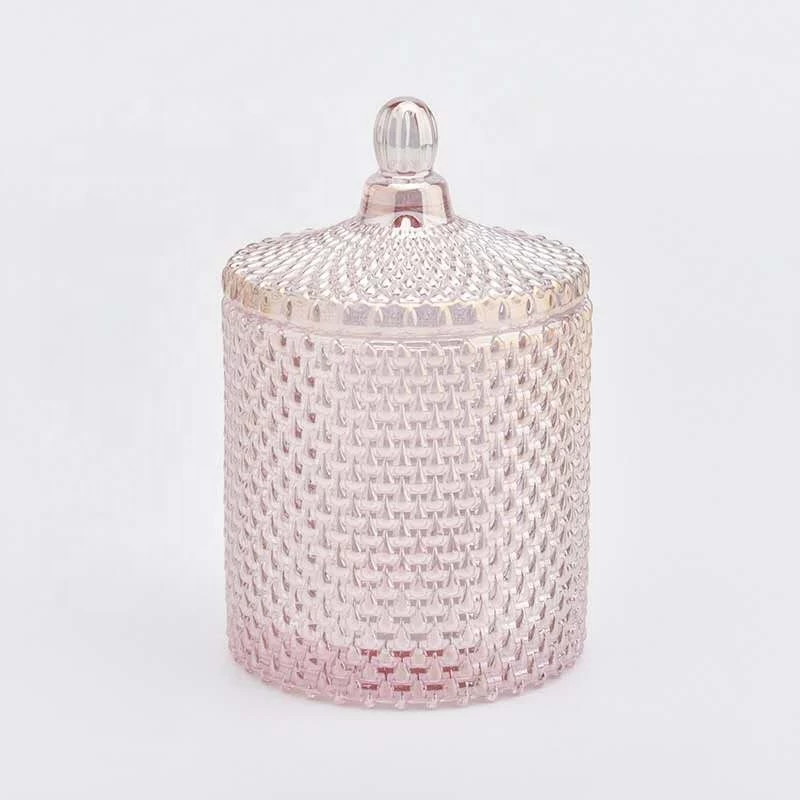 Raindrop Geo Cut glass candle vessel with lid, pink luxury candle holder for home decor