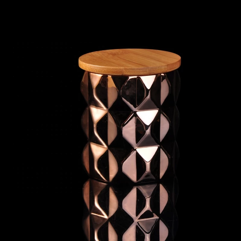 Custom geometric decorative rose ceramic candle jar with wood lid