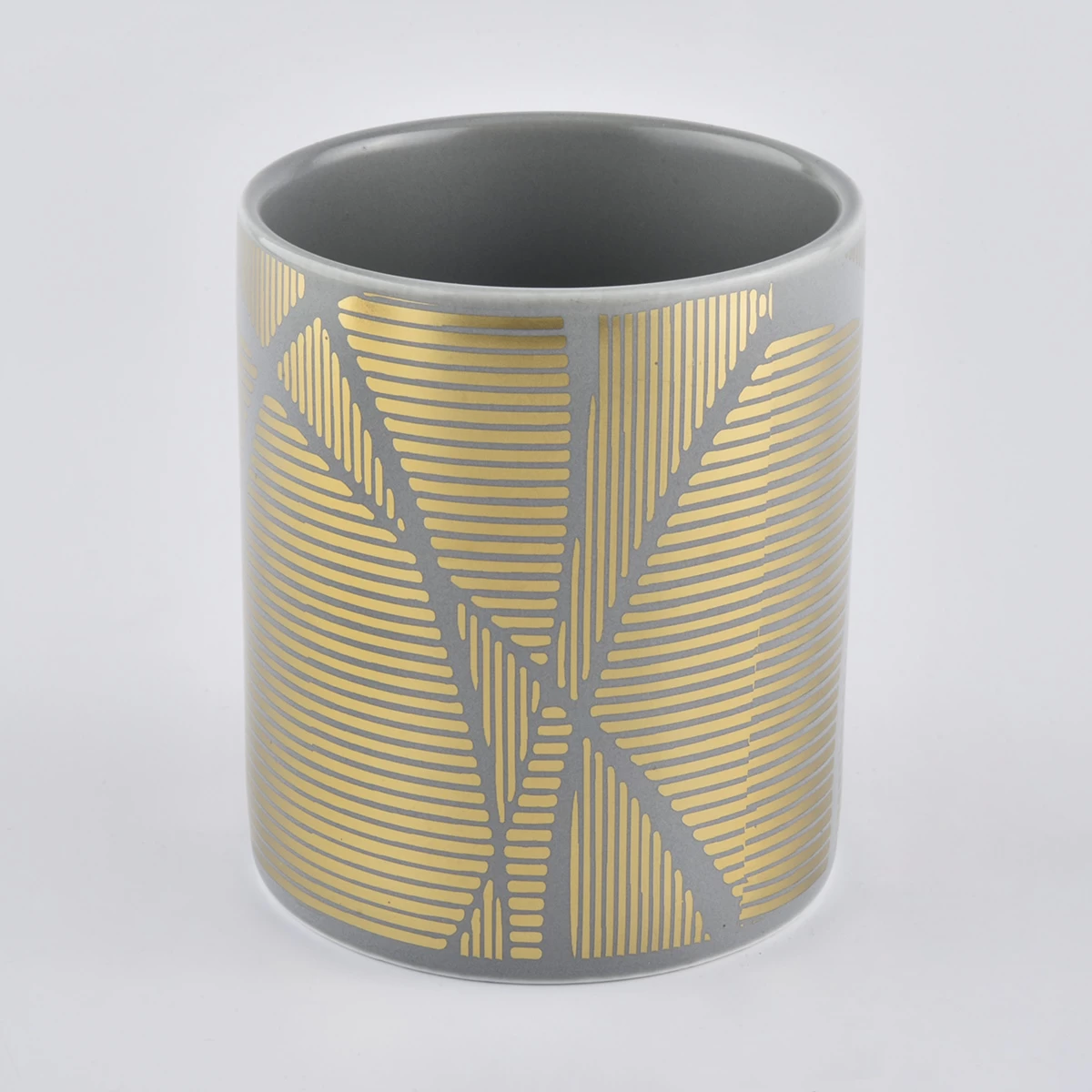 cylinder ceramic candle vessels with shiny gold stripes, unique ceramic candle holders