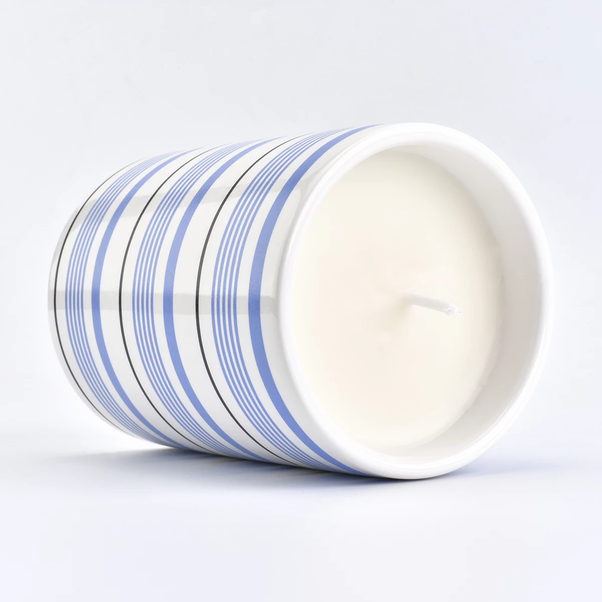 blue and white lines ceramic candle vessel, simple ceramic candle holder