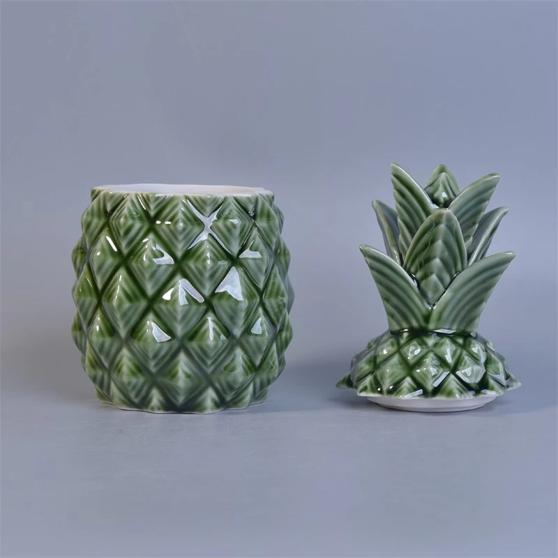 Pineapple shape ceramic candle jar with lid green color home decoration