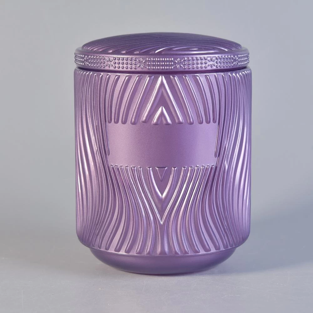 unique purple glass candle jar with glass lid,  glass vessel with engraving lines