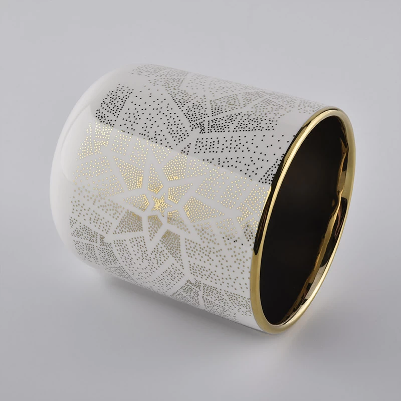 electroplated ceramic candle holder, white ceramic candle jar with shiny gold pattern