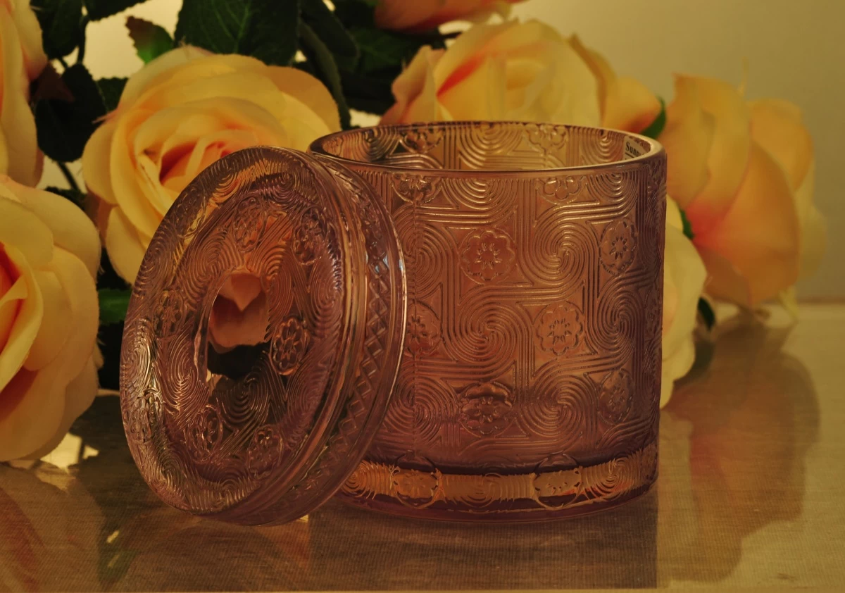Sunny design luxury embossed Glass candle holder with glass lids