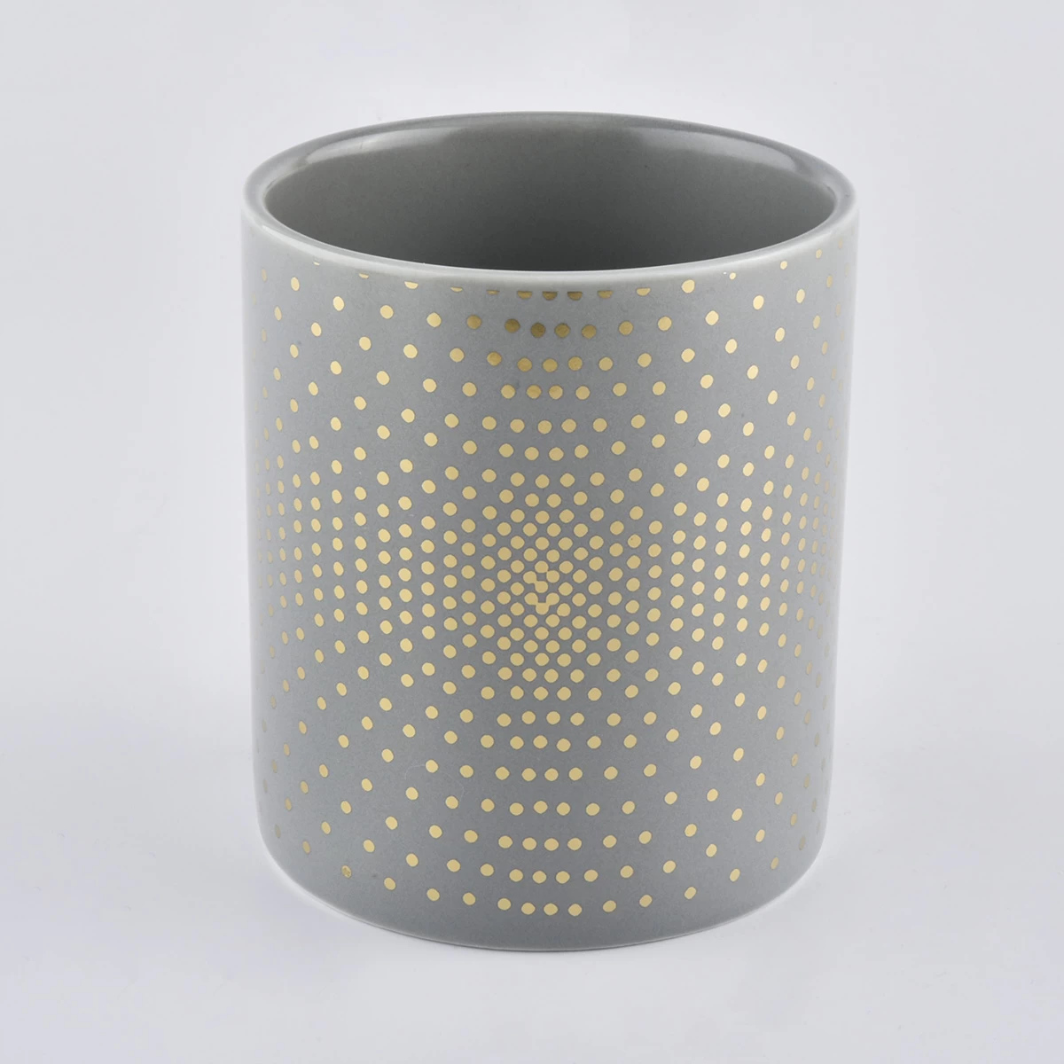 Cylinder ceramic candle container with gold prints, unique ceramic candle holder