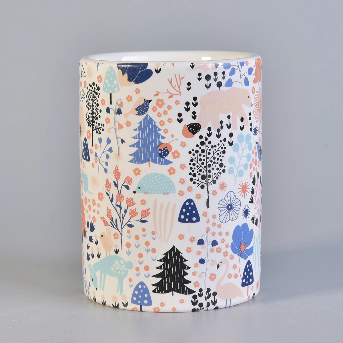 white ceramic candle container with custom prints, 12 oz decorative ceramic candle jars