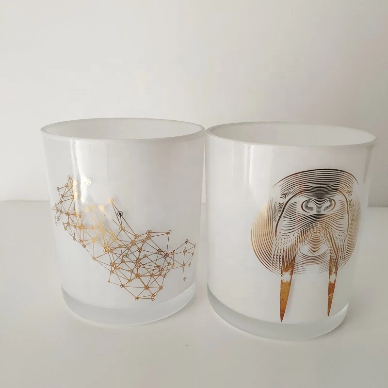 white glass candle vessels with gold decal, 12 oz cylinder candle containers