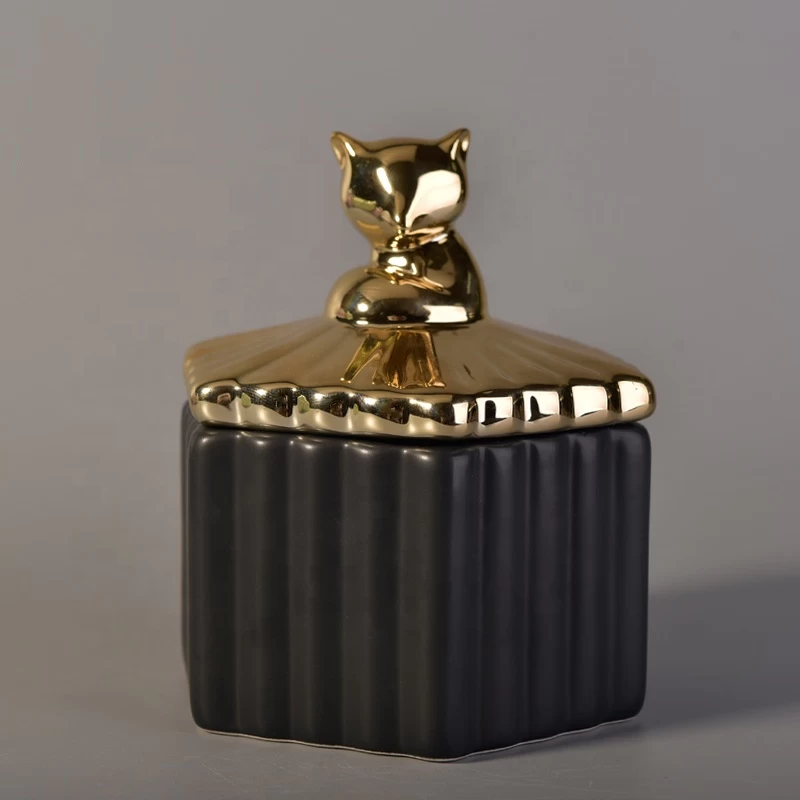 Geo black square ceramic candle jar scented candle container with metal lid home decor