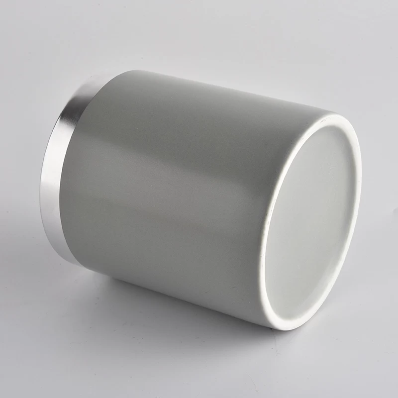 elegent ceramic candle container with silver rim, cylinder ceramic vessels for candle making