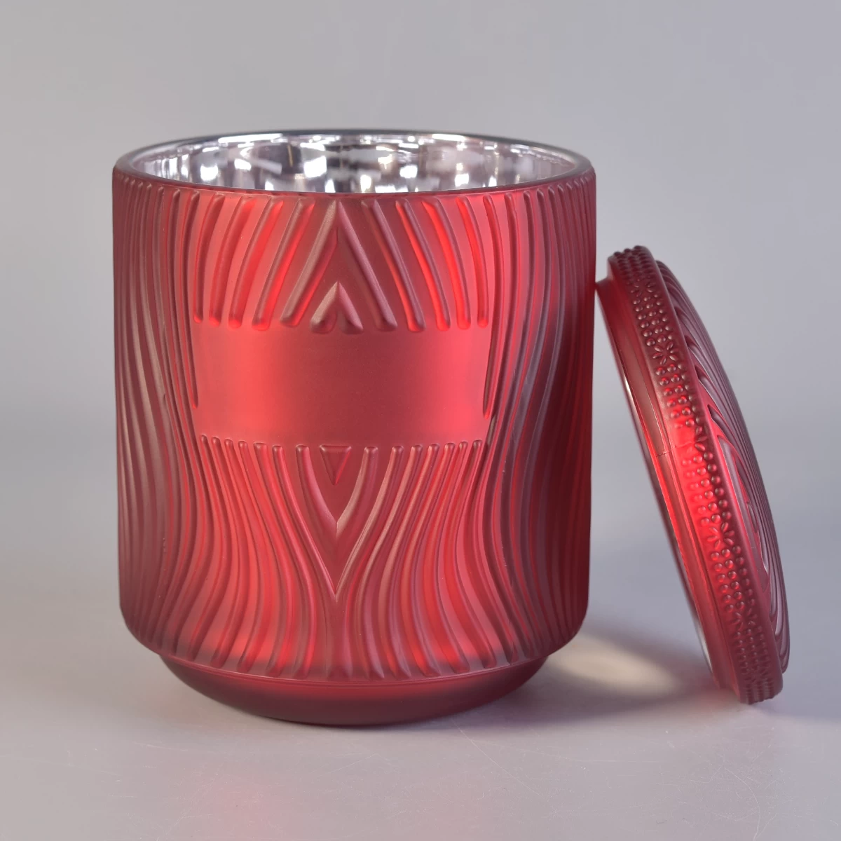 Red glass candle container with silver inside, luxury glass candle holder with glass lid for home decor