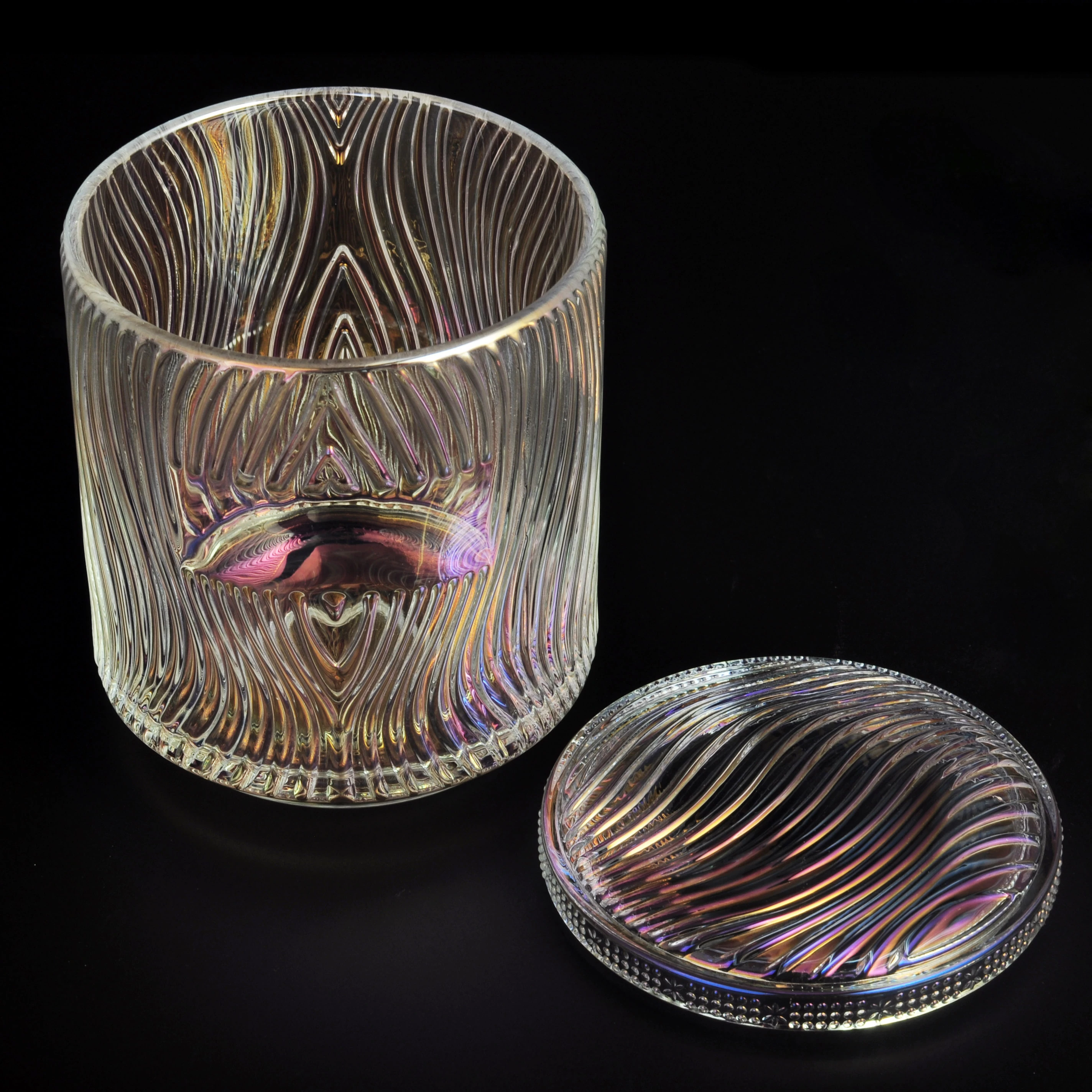 Iridescent glass candle jar with lid, luxury glass candle holder