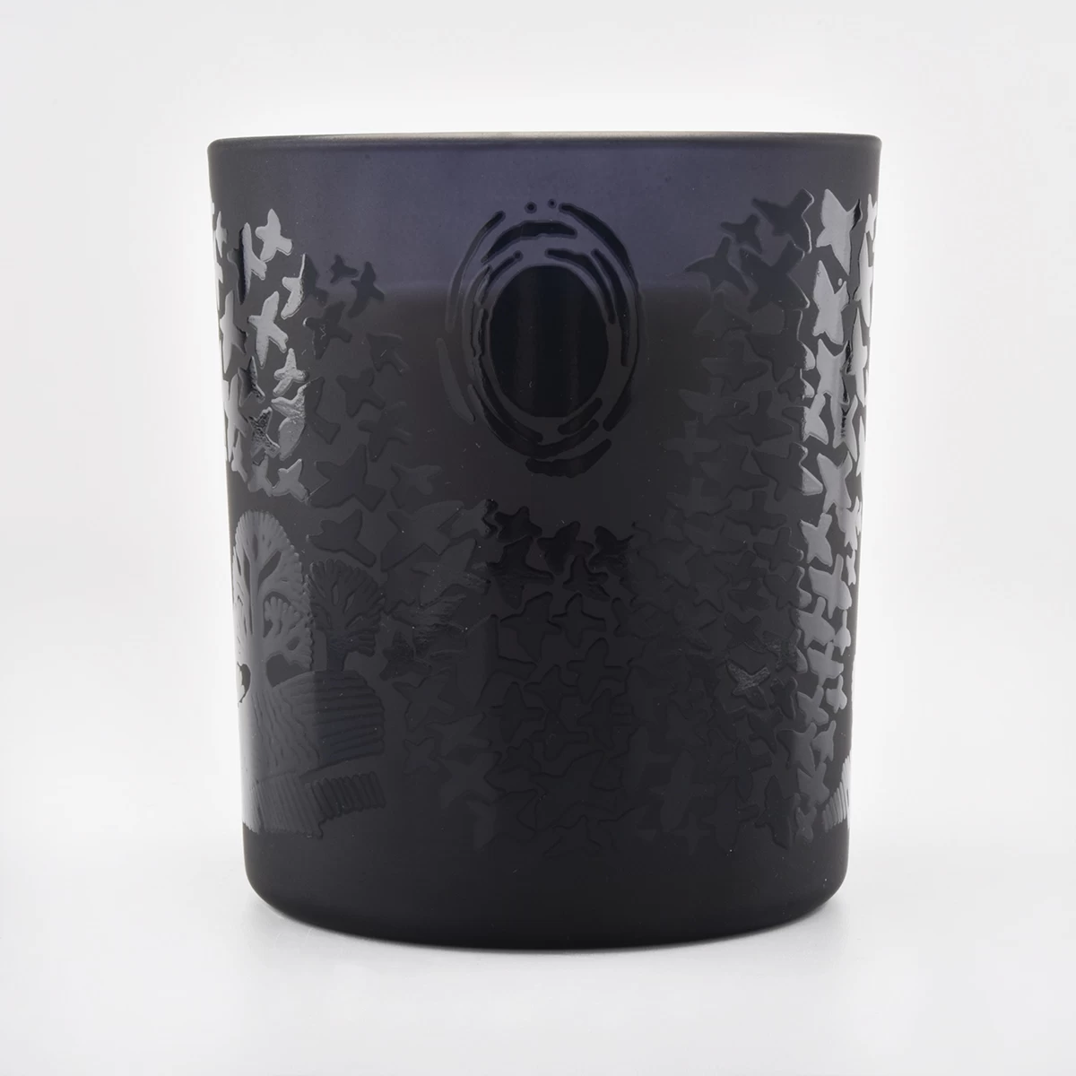 black  glass candle holders, black glass jars with custom patterns