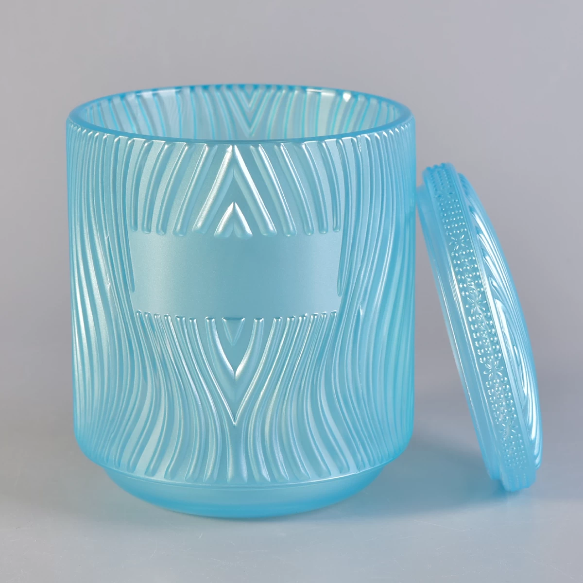 sky blue glass candle holder with lid, unique designed glass candle vessels
