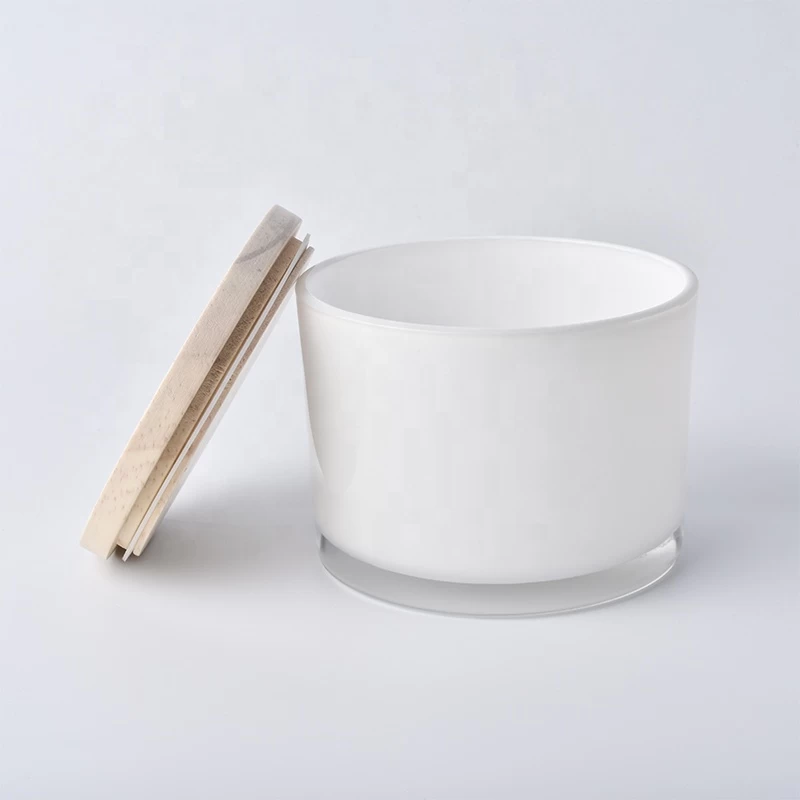 wide month glass candle holder, white glass candle vessel with wooden lid