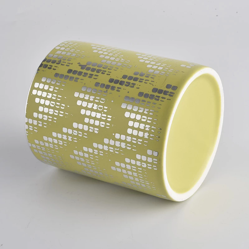 yellow ceramic candle container with silver patterns, customized ceramic candle holders