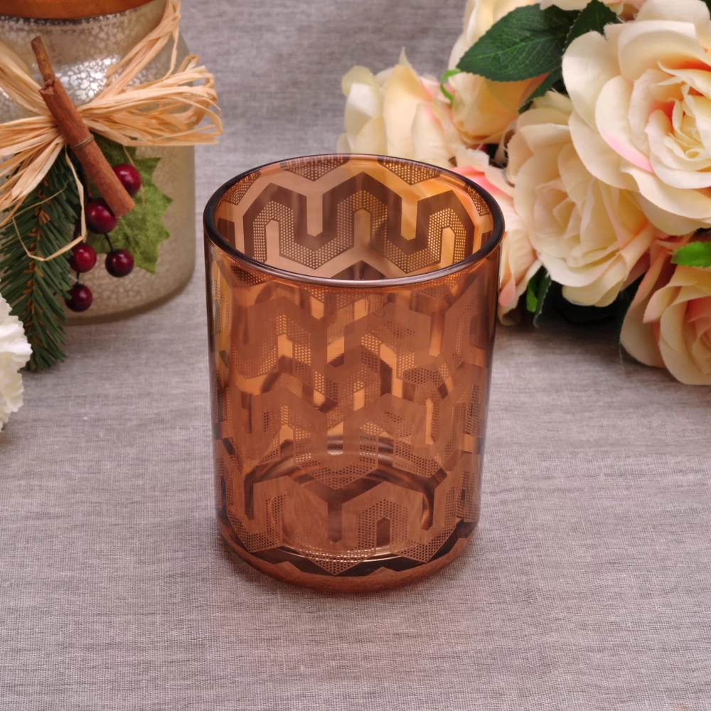 shiny brown glass candle vessel with laser printing, decorative glass jar for home decor