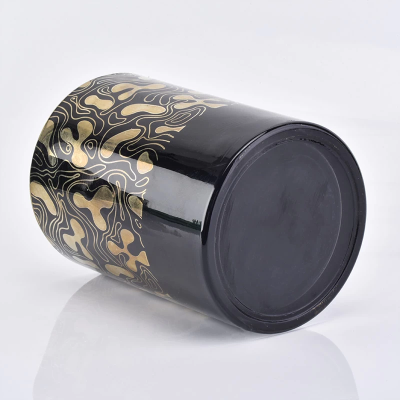black glass candle  container with gold patterns, unique glass candle jar for home decor