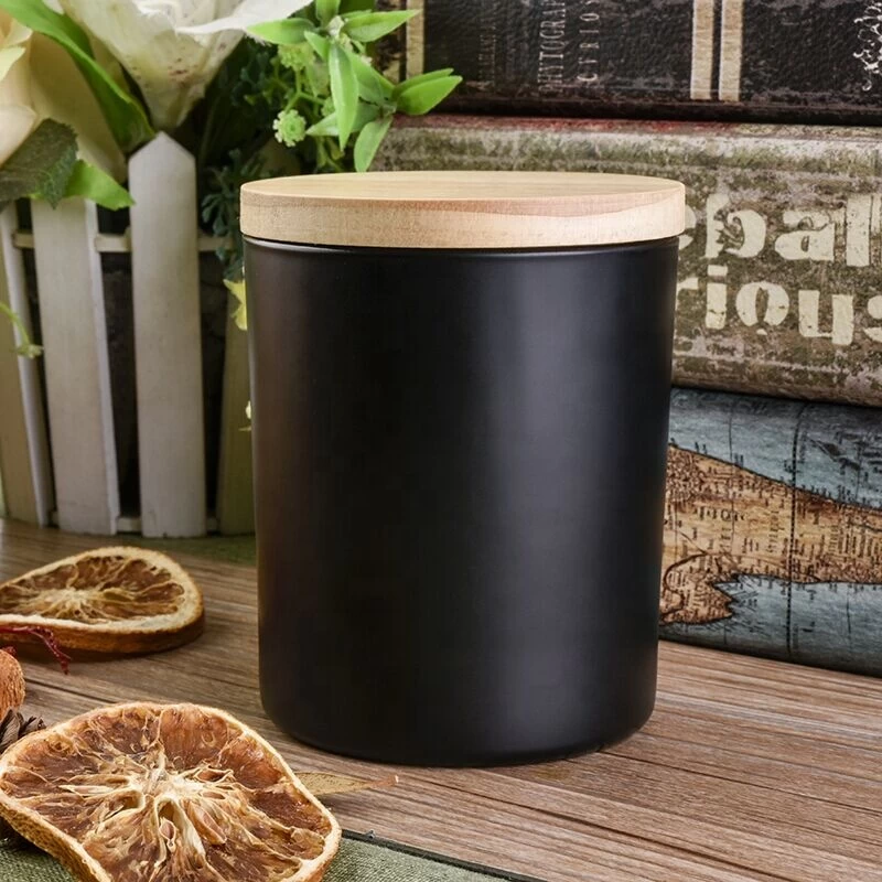 Matte black glass candle vessel with wooden lid, 12 oz cylinder glass jar for candle making
