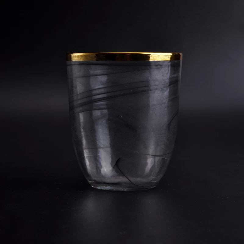 Thin smoke black  glass candle jars with gold rim home decoration wholesale