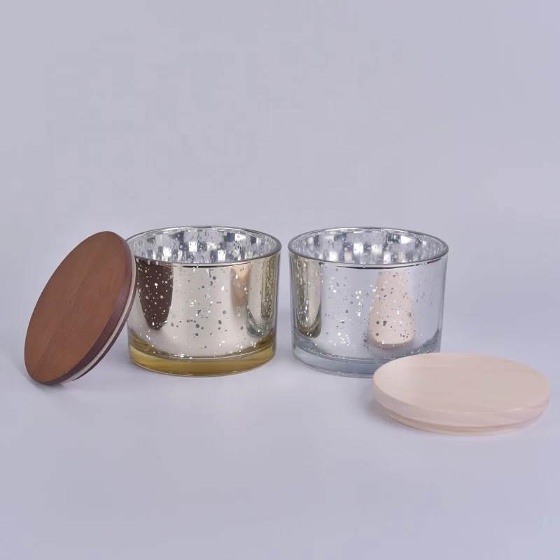 Mercury glass candle container with wooden lid, 15 OZ glass candle holder