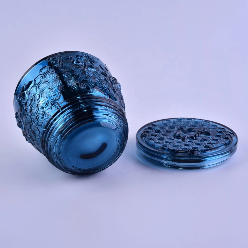 Bee design luxury blue decorative Glass candle jar holders with lid