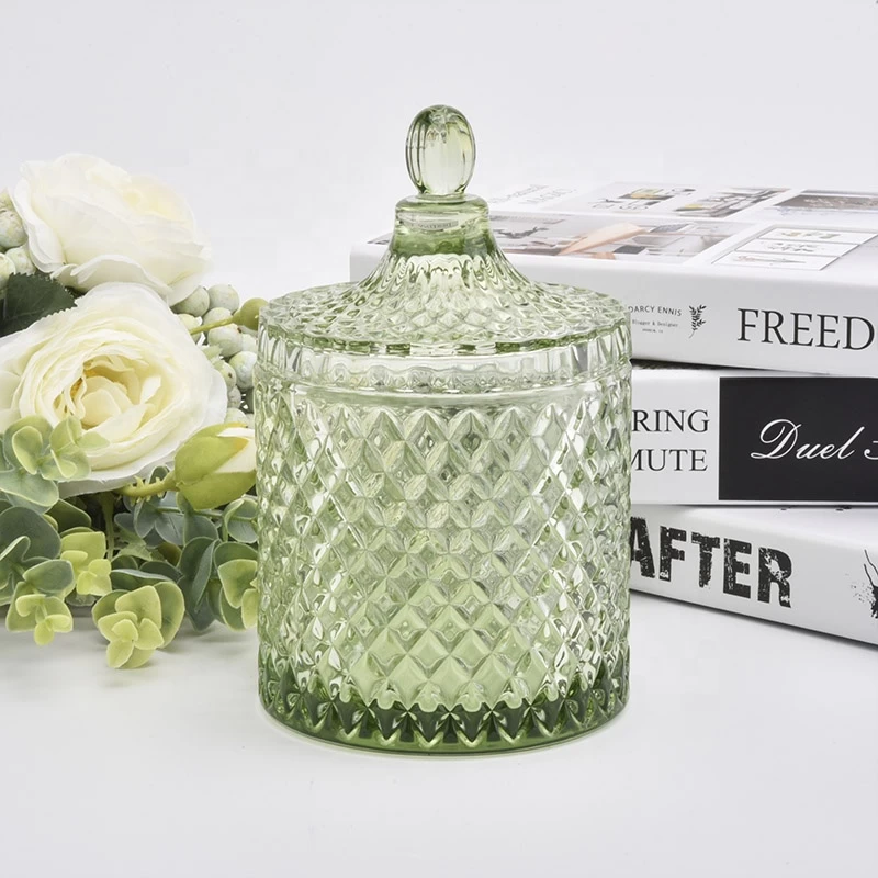 Hot sales China luxury empty embossed glass large candle vessel with lid
