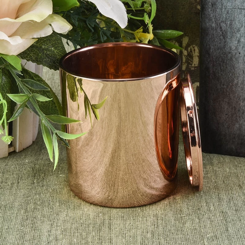 rose gold plating glass candle jar, cylinder glass candle holder with lid
