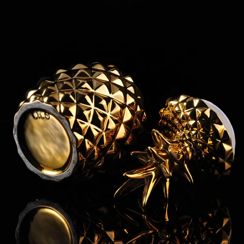 Custom luxury decorative gold white pineapple ceramic candle jars with lid