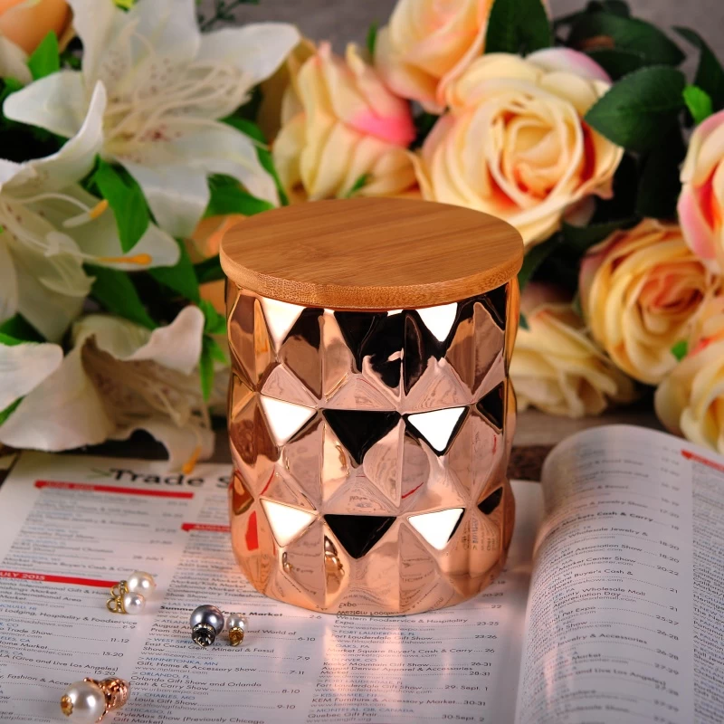Custom geometric decorative rose ceramic candle jar with wood lid
