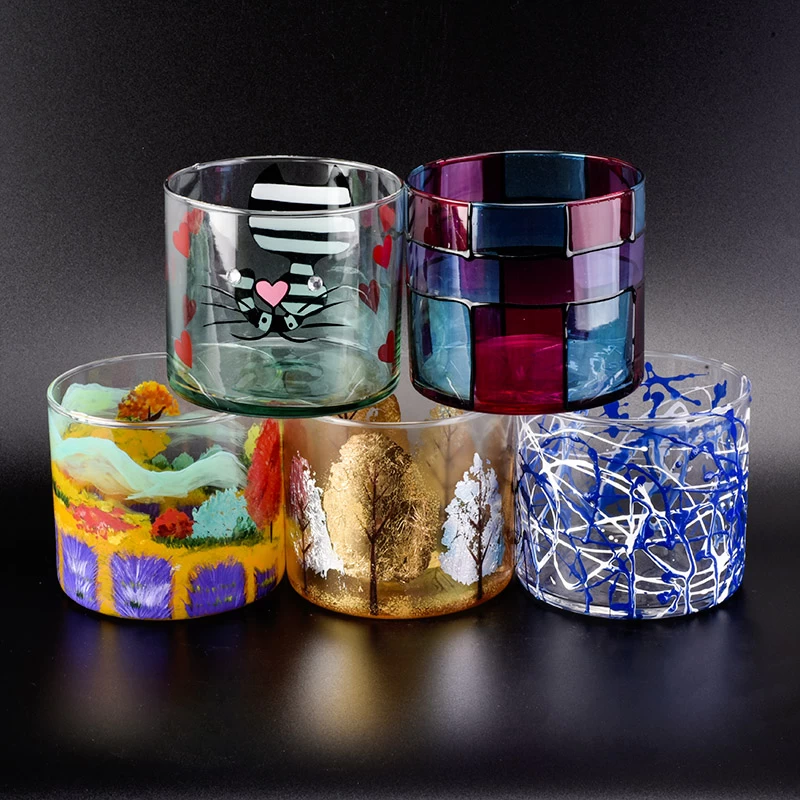 Cylinder glass vessel with hand painting, colorful glass candle jars