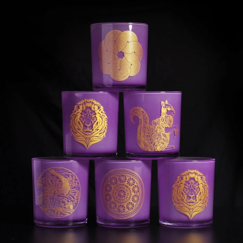 purple glass vessel with gold decal, candle container glass
