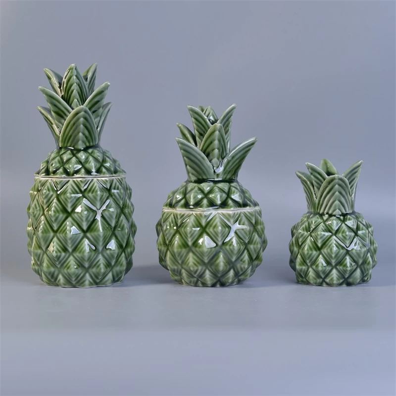 Pineapple shape ceramic candle jar with lid green color home decoration