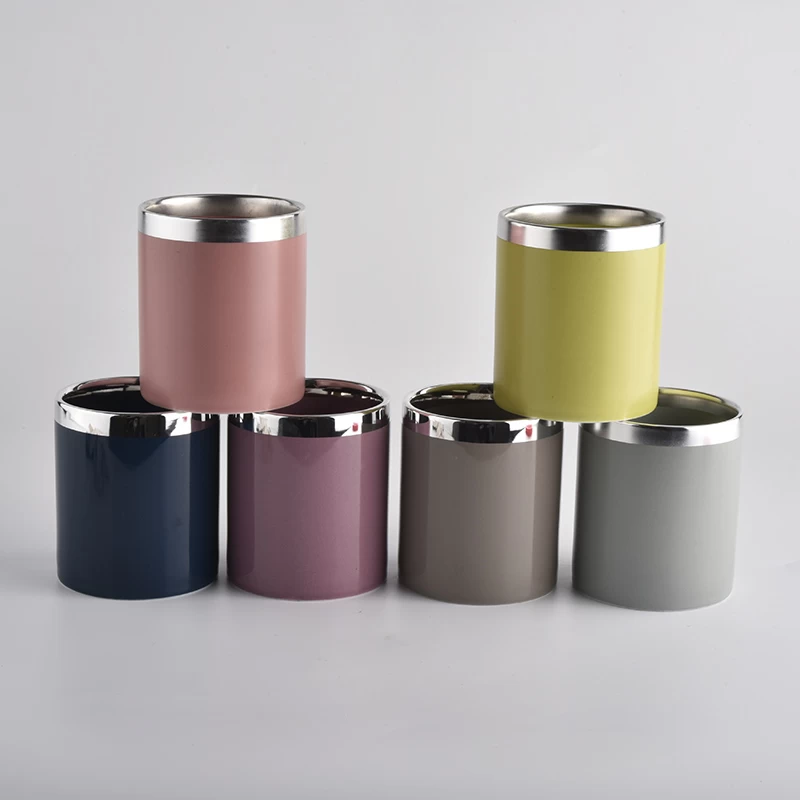 colored ceramic candle containers with shiny silver rim, custom ceramic candle holders