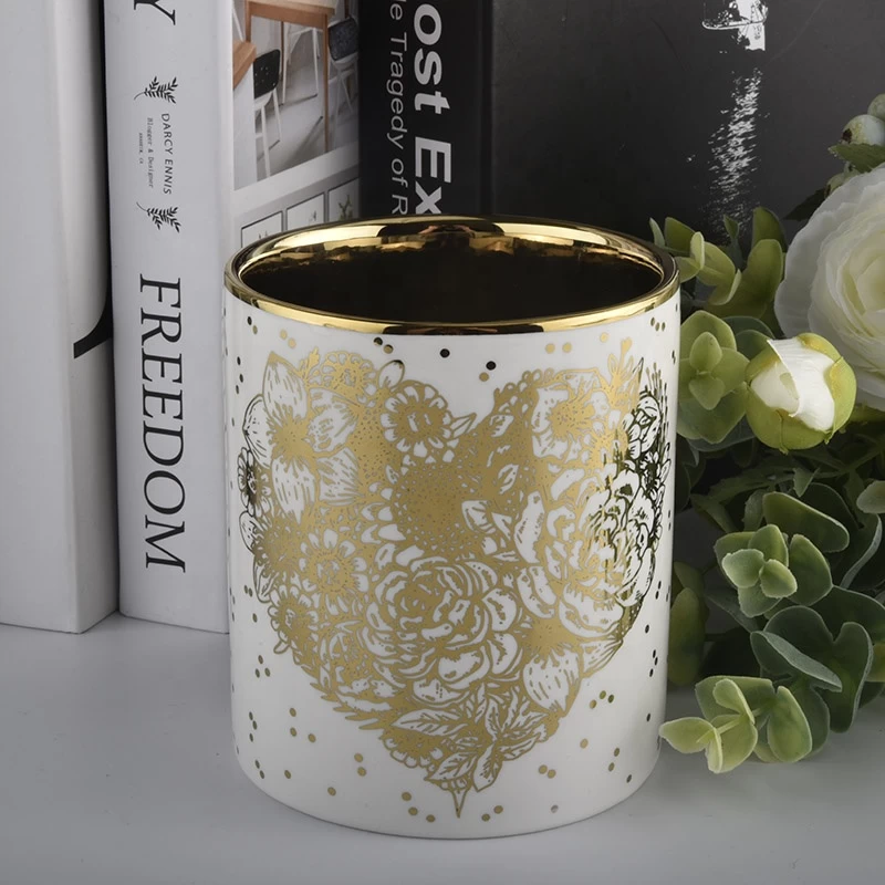 white cylinder ceramic candle jars with gold printing