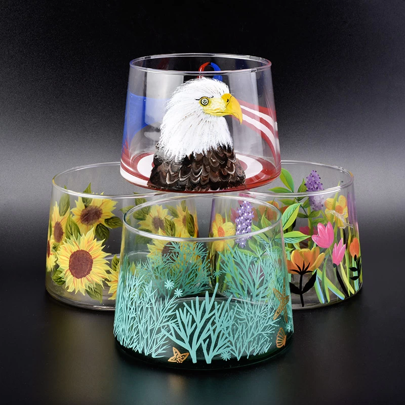 ocean designed glass candle vessel, bell shaped glass jar with hand painting