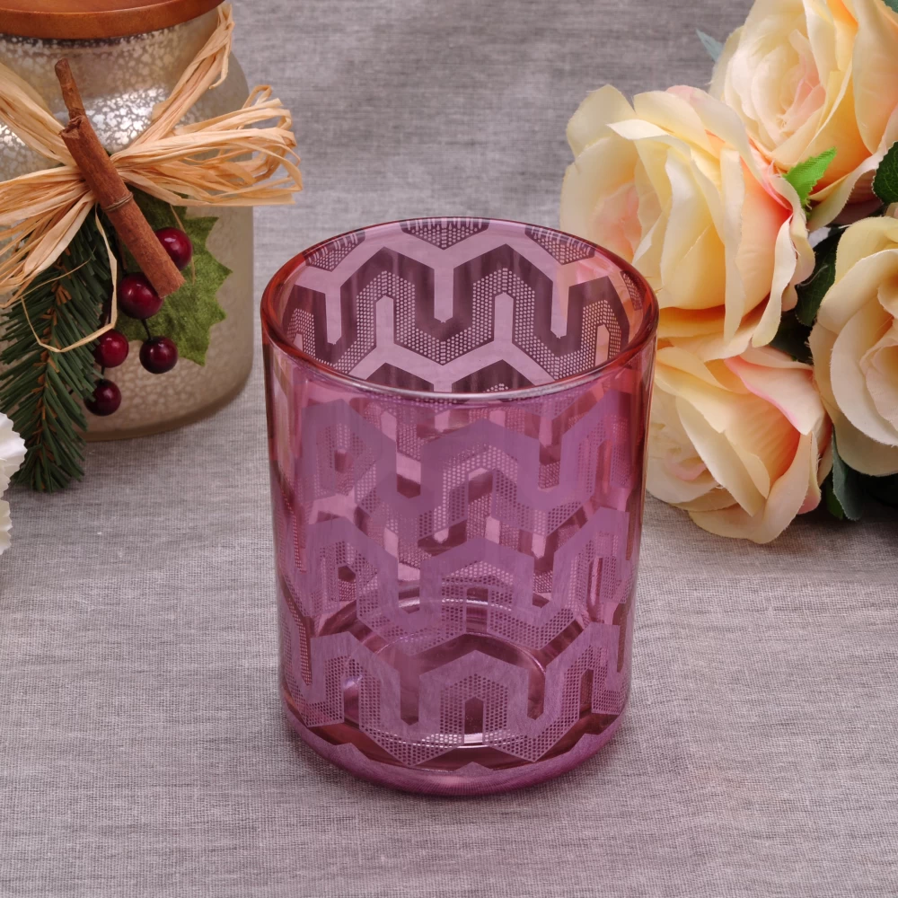 purple glass candle vessel with laser pattern, unique glass container jars