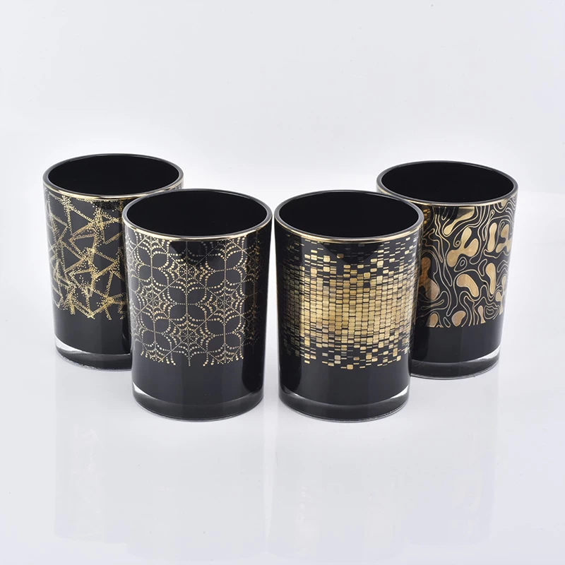 black glass candle  container with gold patterns, unique glass candle jar for home decor