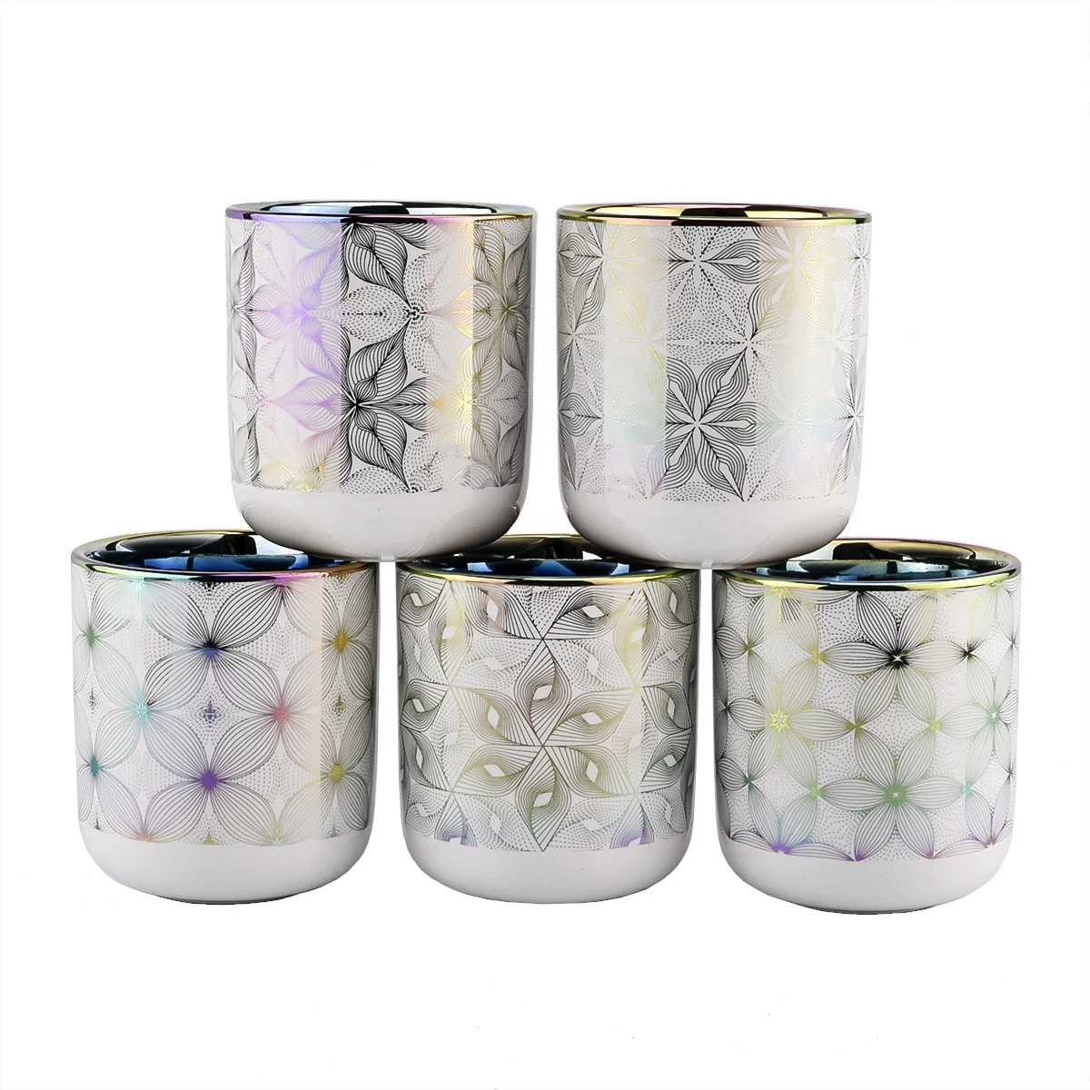 glossy white ceramic candle jars with silver printing