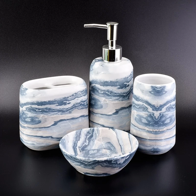 Wholesale 4 pieces of ceramic bathroom accessories set blue marble