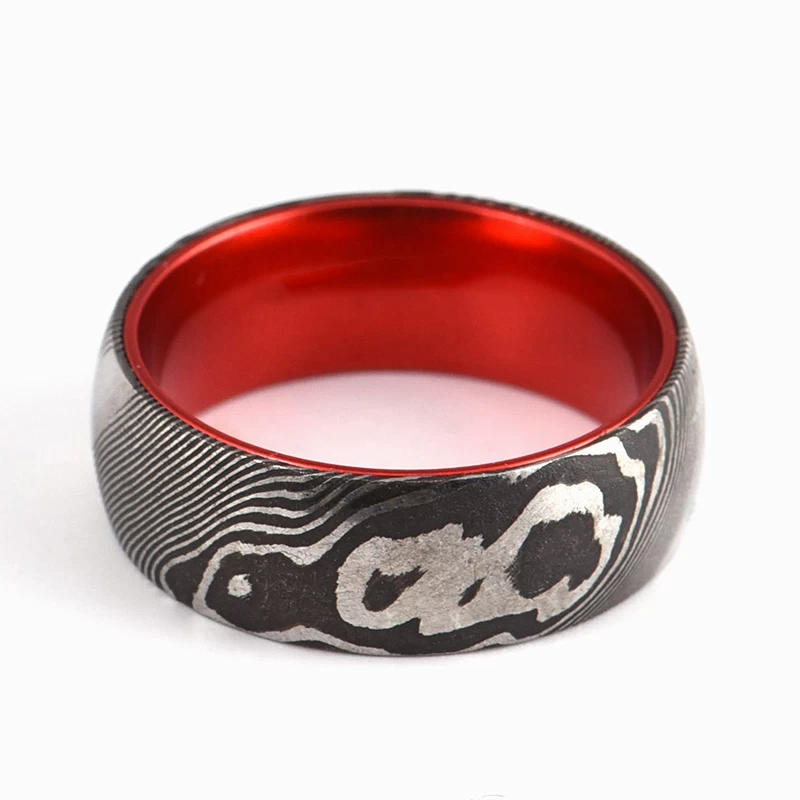 New Style 8mm Domed Black Damascus Steel Ring with Red Aluminum Inner Band 