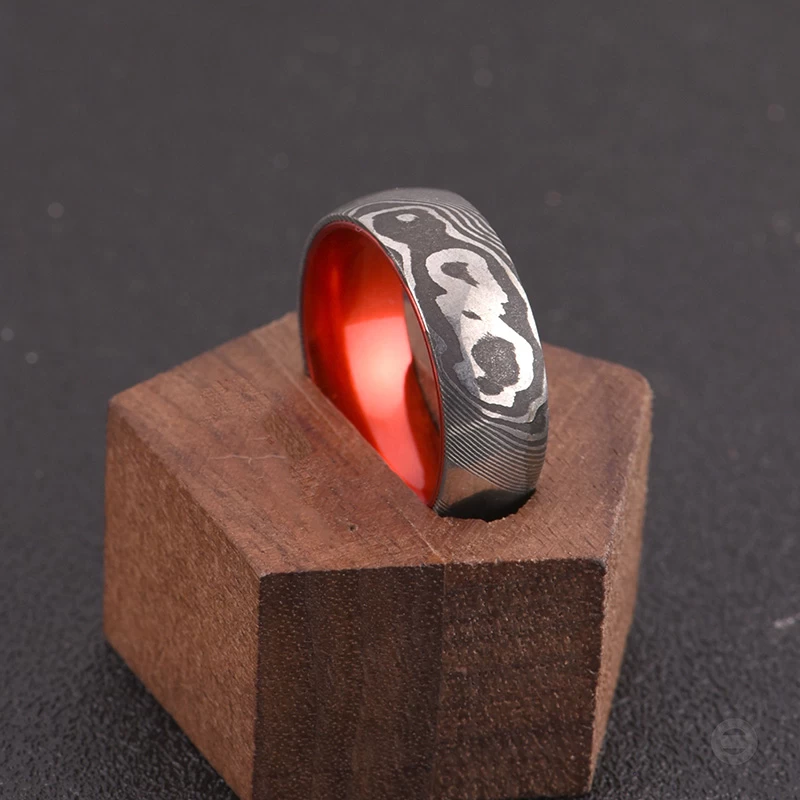 New Style 8mm Domed Black Damascus Steel Ring with Red Aluminum Inner Band 